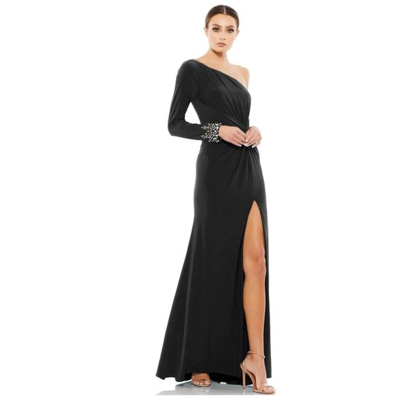 Ieena Mac Duggal 55696 One Shoulder Beaded Cuff Jersey Stretch - Size 14 - Picture 2 of 8